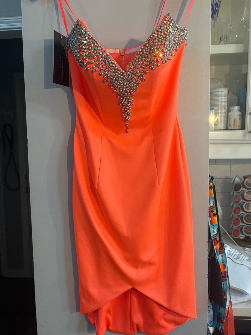 NWT Johnathan Kayne Rhinestone Neon Orange Strapless Dress